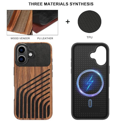 TENDLIN Magnetic Case Compatible with iPhone 16 Phone Case Wood Grain with Carbon Fiber Texture Design Leather Hybrid Slim Cover (Compatible with MagSafe) Hairline - color: Magnetic Hairline, size: iPhone 16