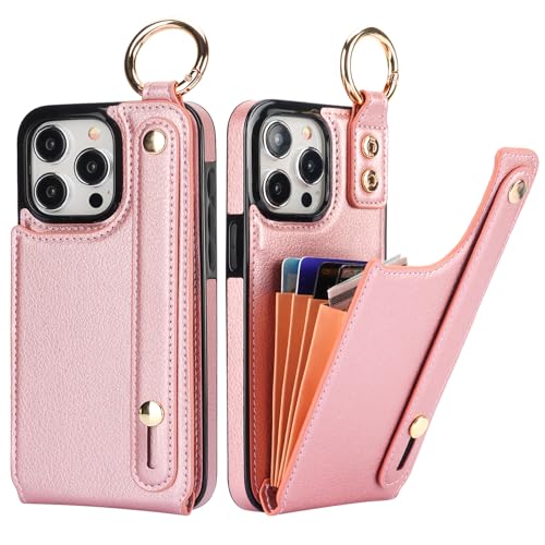 Folosu for iPhone 15 Pro Max Wallet Case with Card Holder, Hand Wrist Strap Loop Holder Kickstand, RFID Blocking Finger Grip Ring PU Leather Double Buttons Shockproof Cover 6.7" Rose Gold - color: Rose Gold