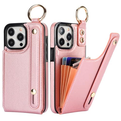 Folosu for iPhone 15 Pro Max Wallet Case with Card Holder, Hand Wrist Strap Loop Holder Kickstand, RFID Blocking Finger Grip Ring PU Leather Double Buttons Shockproof Cover 6.7" Rose Gold - color: Rose Gold