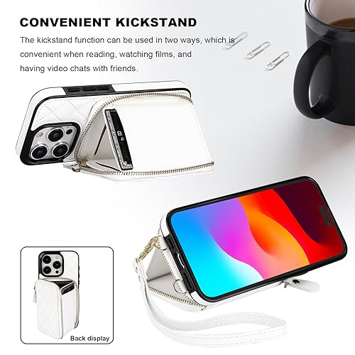Bocasal Crossbody Wallet Case Card Holder for iPhone 15 Pro, White | RFID Blocking PU Leather Zipper Handbag Purse, Kickstand Flip Folio Case with Card Slots Holder Wrist Strap Lanyard 6.1 Inch - color: White
