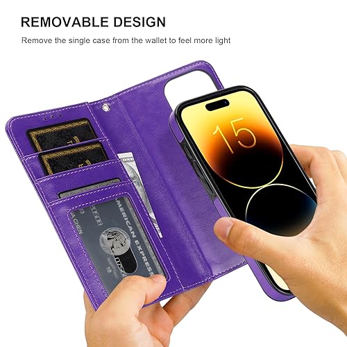 Bocasal Detachable Wallet Case Card Holder for iPhone 15 Pro, Purple | RFID Blocking Kickstand Card Slots Holder PU Leather Magnetic Shockproof Wrist Strap Removable Flip Protective Cover 6.1 inch - color: Purple