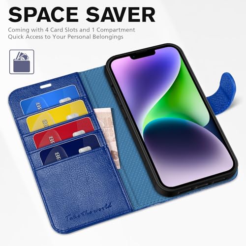 TUCCH Wallet Case for iPhone 14 (6.1") 2022, 4 Card Slots, Klein Blue | RFID Blocking, Viewing Stand, Shockproof TPU Shell, PU Leather, Magnetic Closure, Protective Folio Flip Cover - color: Klein Blue