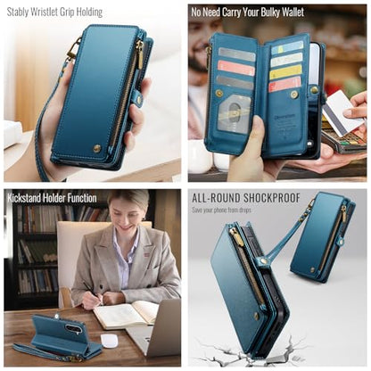 Defencase for Samsung Galaxy A36 5G Wallet Case with Card Holder, Dark Blue | RFID Blocking, Zipper Pocket, Durable PU Leather, Wrist Strap, Fashion Snap Flip Phone Cases Cover with Stand for Women Men - color: Dark Blue