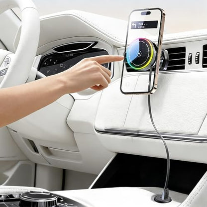 Car Mount Charger 15W Magnetic Phone Holder with Type-C Retractable Cable and RGB Light, Mag Wireless Charging Phone Mount for Air Vent Compatible with iPhone, Samsung, All Smartphones (Gray)