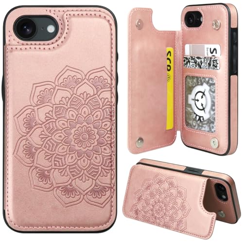 MMHUO for iPhone 17e Case,iPhone 16e Case with Card Holder,Flower Magnetic Buttons Protective Wallet Case for Women for iPhone 16e/17e,Rose Gold - color: Rose Gold, size: for iPhone 16e 6.1"-(S)(One Cameras)