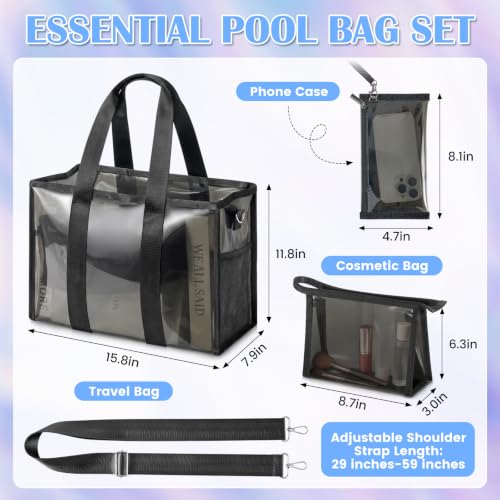 3-Piece Iridescent Beach Bag Set for Women, Large PVC Pool Bag Set | Includes Summer Beach Tote, Cosmetic Bag and Touchscreen Phone Pouch for Pool, Travel and Vacation - color: Black