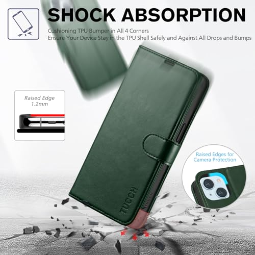TUCCH Wallet Case for iPhone 15 (6.1") 2023, 4 Card Slots, Dark Green | RFID Blocking, Viewing Stand, Shockproof TPU Shell, PU Leather, Magnetic Closure, Protective Folio Flip Cover - color: Green