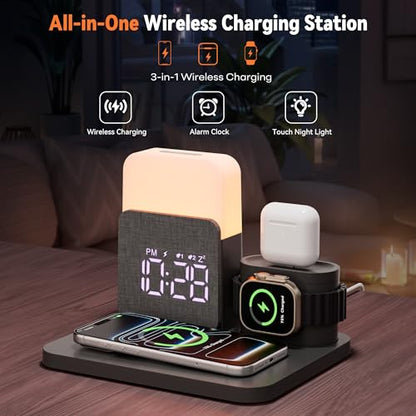 7 in 1 Clock with Charging Station, Charger with Alarm Clock Night Light - color: Black