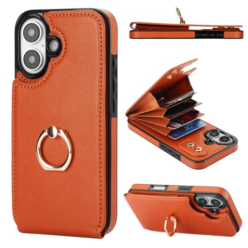 Folosu Compatible with iPhone 16 Case Wallet with Card Holder, 360°Rotation Finger Ring Holder Kickstand, RFID Blocking Leather Protective Double Buttons Shockproof Cover 6.1 Inch Brown - color: Brown