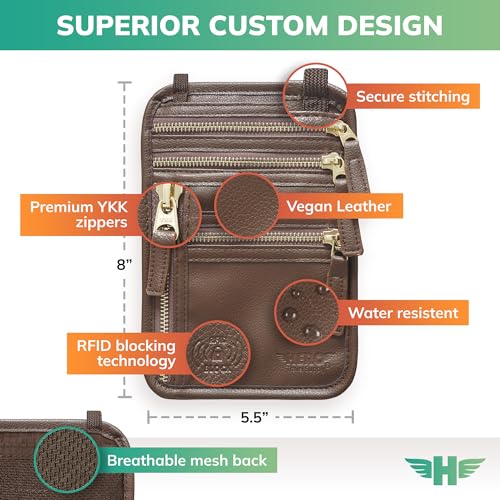 HERO Neck Wallet - RFID Blocking Passport Holder, Easy to Conceal Travel Pouch (Vegan Leather Brown) - color: Brown