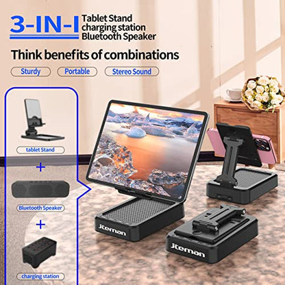JTEMAN Tablet Stand with Bluetooth Speaker, Adjustable Foldable Desk Dock - color: Silver Black
