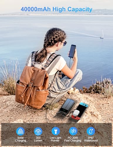 Solar Power Bank 40000mAh PD20W Fast Charging Portable Solar Charger - color: Black
