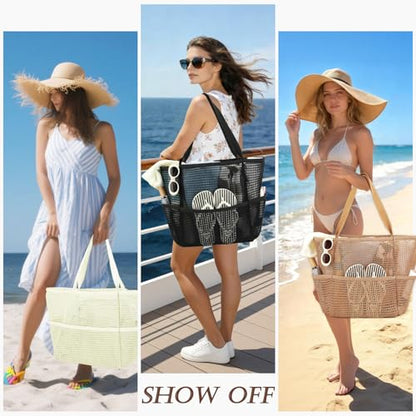 GYEUKHAM Mesh Beach Bag for Women, Sand-Resistant Pool Tote, 9 Pockets (1 Inner Zip), Foldable Family Travel Essentials - color: 6 Pockets-beige