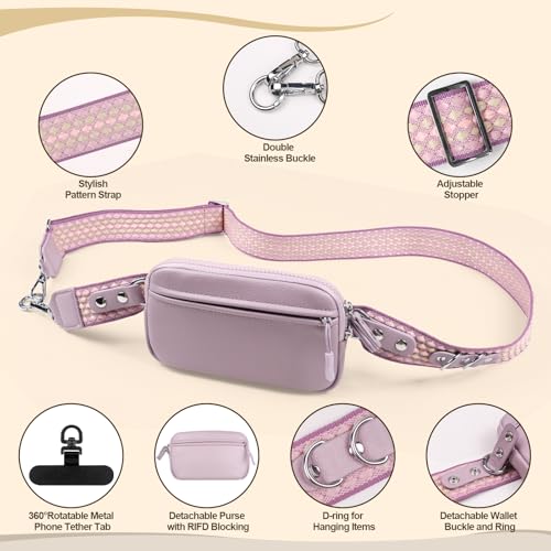 YFWE Clip and Go Phone Strap with Crossbody Wallet, Adjustable Phone Lanyard with Detachable RFID Wristlet Wallet, Anti-Theft Leather Purse with ID Window for Travel Essentials (Purple) - color: Purple