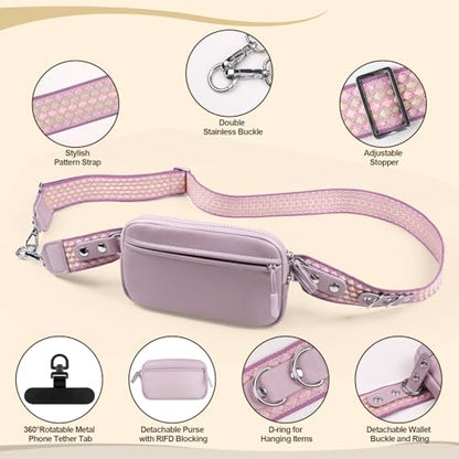 YFWE Clip and Go Phone Strap with Crossbody Wallet, Adjustable Phone Lanyard with Detachable RFID Wristlet Wallet, Anti-Theft Leather Purse with ID Window for Travel Essentials (Purple) - color: Purple