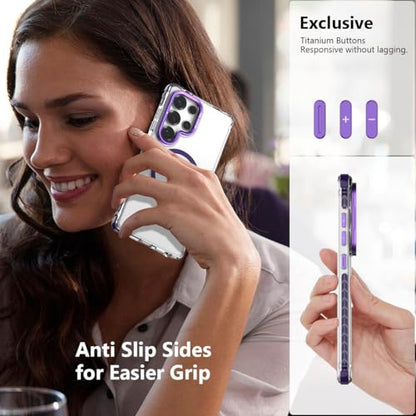 Nvollnoe for Samsung S25 Ultra Case Compatible with MagSafe Military Grade Shockproof Heavy Duty Protective Adjustable Kickstand Ultra Clear Magnetic Phone Case for Samsung S25 Ultra(Purple) - color: Clear-Purple