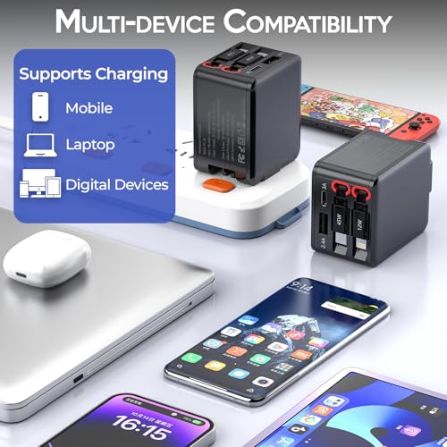 45W Retractable Wall Charger 4 Port with Built-in Type-C, Travel Ready