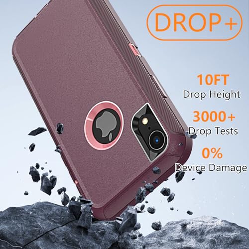 YmhxcY for iPhone XR Case, 3-Layer Full Body Protection Shockproof Drop-Proof Heavy Duty Phone Case with Belt Clip Kickstand for iPhone XR 6.1"-Wine/Pink - color: BJ-Wine/Pink