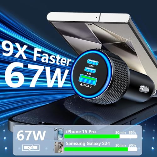 USB C Car Charger for iPhone, 2Pack 67W Multiport Fast Car Charge