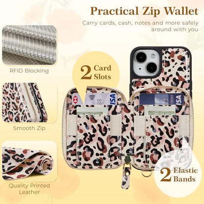 ZCDAYE Zipper Crossbody Wallet Case for iPhone 13/14, Leopard Print | Flip Folio PU Leather, Practical Card Holder, Adjustable Lanyard Strap, RFID Blocking, Retro Leopard Girly Phone Case - color: Leopard print, size: iPhone 13/14
