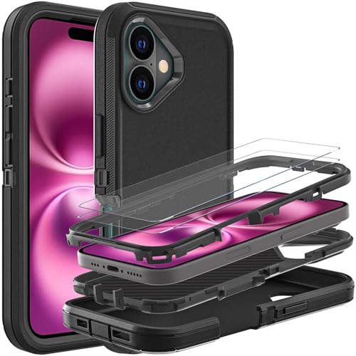 YKHJKLEC for iPhone 16 Plus Case, Military Grade 3 in 1 Heavy Duty Shockproof/Drop Proof/Dust Proof Case with 2Pcs Tempered Glass Screen Protector (Black/Black) - color: Black/Black