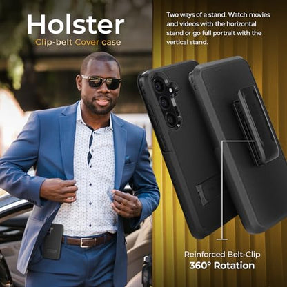 MOTIVE for Samsung Galaxy S24 Case with Belt Clip and Stand | 6.2" | Case & Holster, MagSafe compatible, built-in Kickstand Horizontal, 360° rotating belt clip, slim low-profile fit - size: s24