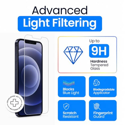 Ocushield Anti Blue Light Tempered Glass Screen Protector of iPhone 12 & iPhone 12 Pro (6.1") – Blocks Blue Light, Prevents Eye Strain & Helps You Sleep Better, 9H Hardness & Case Friendly | Fits 6.1 inch display. 9H tempered glass blocks UV & blue light.