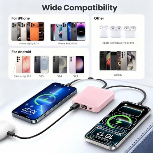 ummz Mini Portable Charger with Built-in 4 Cables，12000mAh Small Power Bank - color: pink