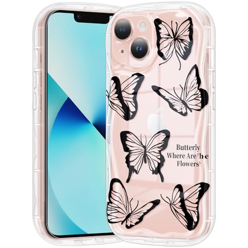 Compatible for iPhone 13 Case, Pretty Butterfly Print Three-Dimensional Wave Clear Case for Girls Women, Soft Full Package Anti-Fall Cover for iPhone 13, Black Butterfly - color: Black Butterfly, size: iPhone 13
