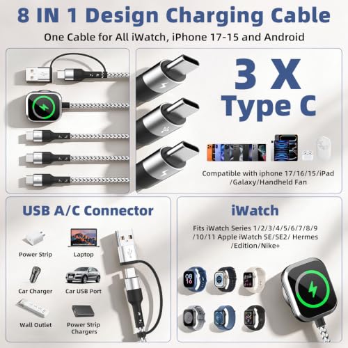 3 USB C Multi Charging Cable for Phone iWatch Charger/Car Travel Essentials - color: Black-White, size: 1Pack5FT