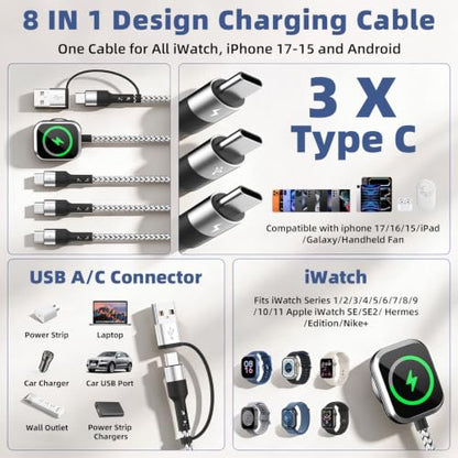 3 USB C Multi Charging Cable for Phone iWatch Charger/Car Travel Essentials - color: Black-White, size: 1Pack5FT