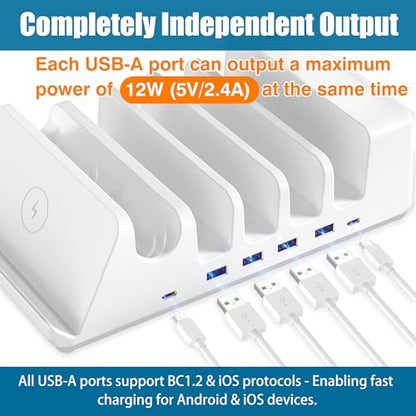 AGVEE 140W 9in1 Multi USB Charging Station Organizer Family Block Hub with Multi Cables, 3 Wireless Charger Dock for Apple iPad iPhone Cell Phone Samsung Android Tablet Multiple Devices, White