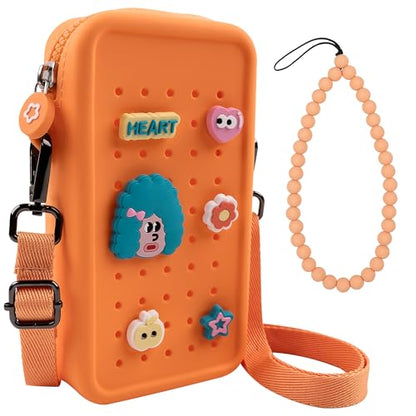 Candy Small Crossbody Bag with Charms, Beaded Phone Wrist Strap Bundle, Cellphone Purse and Hands-Free Wristlet Bracelet (Orange) - color: Orange