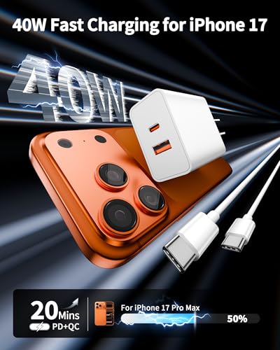 iPhone 18 17 16 Pro Max Charger Fast Charging, 2Pack 40W USB C Fast Charger - style: 6FT
