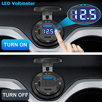 USB C Car Charger Socket 12V USB Outlet 2 Pack: Aluminum Metal 78W Dual PD 30W and 18W QC3.0 Port Multi Charger Outlet with LED Voltmeter Power Switch for RV Motorcycle Boat Marine