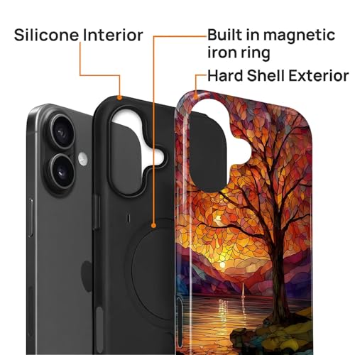 Magnetic Phone Case for iPhone 16 Plus,Compatible with MagSafe,Durable 2 Layers Full Covered Shockproof Protective Cover-Stained Glass Sunrise Fall Leaves - color: Stained Glass Sunrise Fall Leaves, size: iPhone 16 Plus