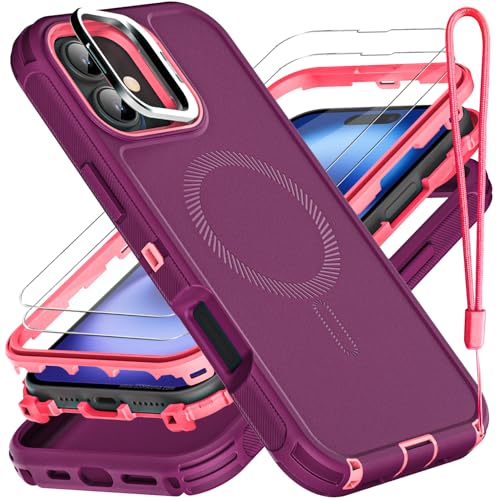 YKHJKLEC for iPhone 16 Case, Military Grade 3 in 1 Heavy Duty Shockproof/Drop Proof/Dust Proof with Kickstand Case, with 2 x Tempered Glass Screen Protector & 1 x Wrist Strap (ZJ-Purple/Pink) - color: ZJ-Purple/Pink