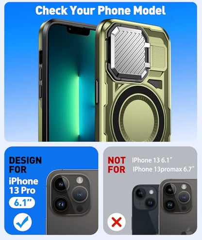 DASFOND Shield Series for iPhone 13 Pro Case with Camera Stand Cover [Compatible with MagSafe] Full Body Military Shockproof Protection Heavy Duty Rugged Magnetic Phone Case iPhone 13 Pro, Olive Green - color: Olive Green, size: Camera Stand iPhone 13 Pro