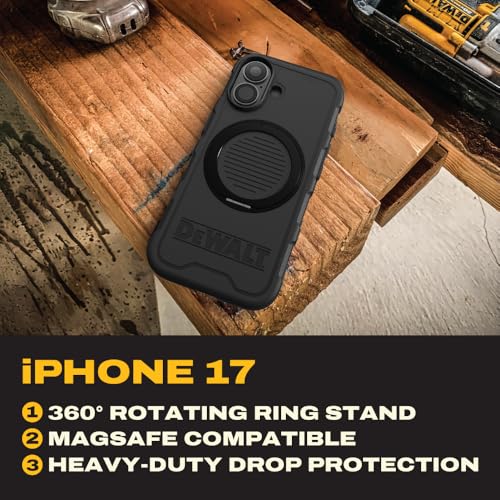 DEWALT Compatible iPhone 17 Magnetic Case with Stand, Rugged Shockproof Cover w/ 360° Rotatable Ring Holder, Compatible with MagSafe iPhone 17 Case Kickstand, Heavy-Duty Protective Black - size: iPhone 17