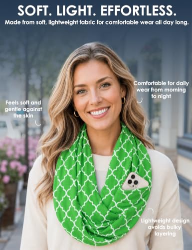 Pop Fashion Quatrefoil Pattern Infinity Scarf for Women - Travel Scarf with Hidden Pocket - All Seasons - color: Green, size: 24.5 x 9.5