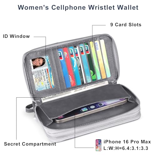 RFID Blocking Cellphone Wristlet Bag for Women Dual Zipper Travel Purse Large Capacity 17 Card Holder Ladies Phone Clutch with Removable Strap, Grey - color: Grey