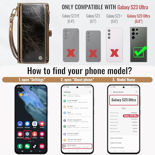 Defencase for Samsung Galaxy S23 Ultra Wallet Case with Card Holder, Coffee | Durable PU Leather, with RFID Blocking Zipper Pocket, Wrist Strap, S23 Ultra Flip Phone Cases Cover with Stand for Women Men - color: Luxury Coffee