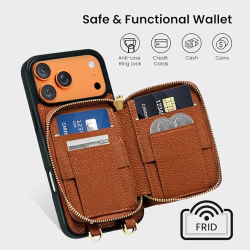 ORNARTO Magnetic Detachable Wallet Case for iPhone 17 Pro Max, Brown | Compatible with MagSafe, Crossbody Wallet Case with Card Holder Wrist Strap, RFID Blocking PU Leather Wallet Phone Cover 6.9” - color: Brown