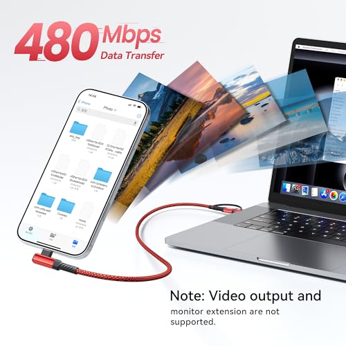 240W USB C to USB C Cable 10FT 2Pack, 2-in-1 Right Angle, Fast Charging - color: Red