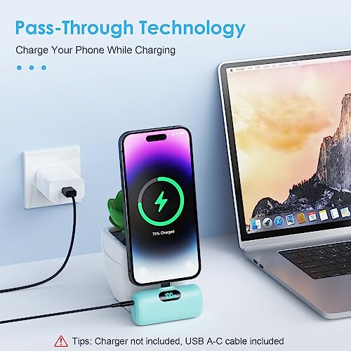 Mini Portable Charger USB C Power Bank,5000mAh PD Fast Charging Battery Pack Built-in USB-C Connector Travel Essential for iPhone17/Pro/17Pro Max/16e/Air/16 Plus/16Pro Max/15 All Series,Android Green - color: Green