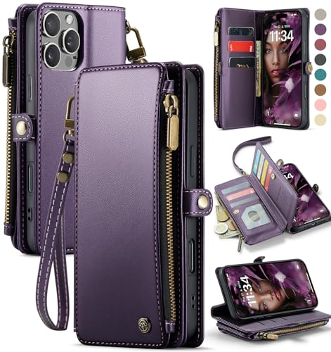Defencase for iPhone 16 Pro Max Wallet Case with RFID Card Holder, Purple | Durable Soft PU Leather, with Zipper Pocket, Wrist Strap, Fashion Snap Flip Phone Cases Cover with Stand for Women and Men - color: Purple
