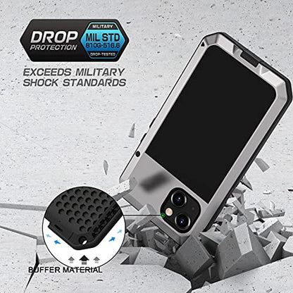 Lanhiem for iPhone 13 Metal Case, Heavy Duty Shockproof Tough Rugged Case with Built-in Glass Screen Protector, 360 Full Body Protective Cover for iPhone 13 6.1 inch, Silver - color: Silver