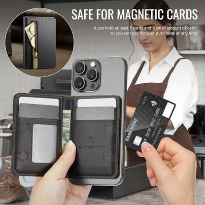Strapurs Magnetic Card Holder Compatible with MagSafe Phones and Cases, PU Leather Phone Wallet for iPhone 17/16/15/14/13/12/Pro/Max/Plus/Air, 4 Card Slots RFID Blocking with Zipper Pocket - Black - color: Black