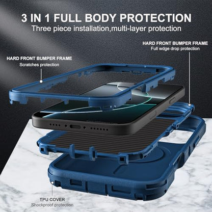 YKHJKLEC for iPhone 16 Pro Case, Military Grade 3 in 1 Heavy Duty Shockproof/Drop Proof/Dust Proof with Kickstand Case, with 2 x Tempered Glass Screen Protector & 1 x Wrist Strap (ZJ-Navy Blue) - color: ZJ-Navy Blue