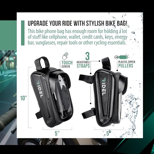 Ridel Bike Phone Holder, Phone Mount for Bike with Waterproof Frame Bag, Bicycle Accessories for eBike and Scooter, Touchscreen Protector Case, Fits Smartphones Up to 6.8 Inches
